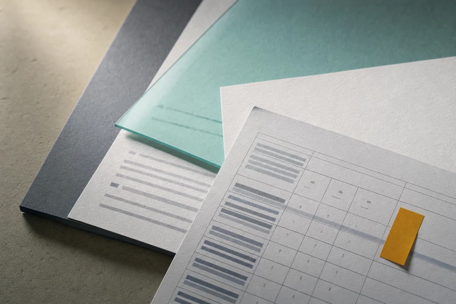 Layered paper evidence sheets with a seafoam overlay and an amber marker