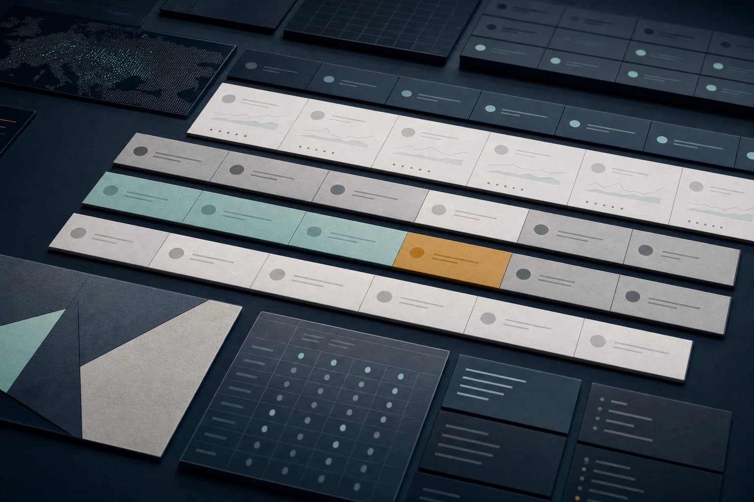 Conceptual dark research surface with aligned evidence cards and a highlighted row